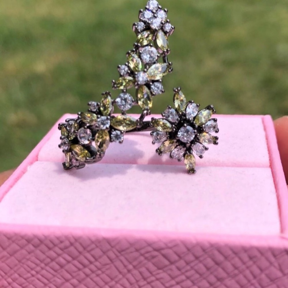 Hematite Finish Adjustable Ring With Green And Cl… - image 2